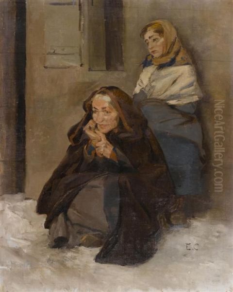 Two Women In The Snow Oil Painting by Edouard Castres