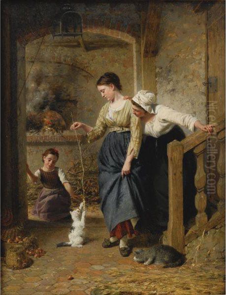 Playing With Kittens Oil Painting by Edouard Castres