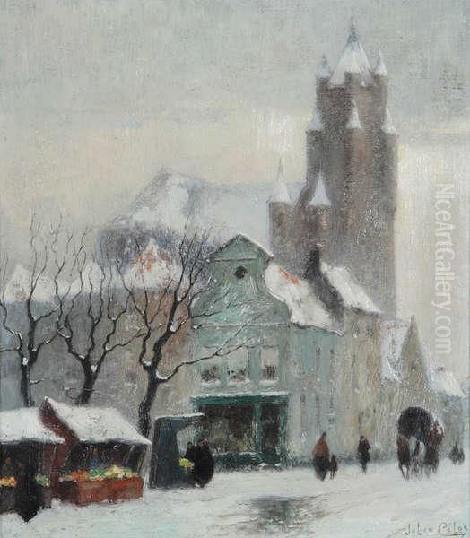 Geanimeerd Winters Stadsgezicht Met Fruitkraampjes Oil Painting by Julien Celos