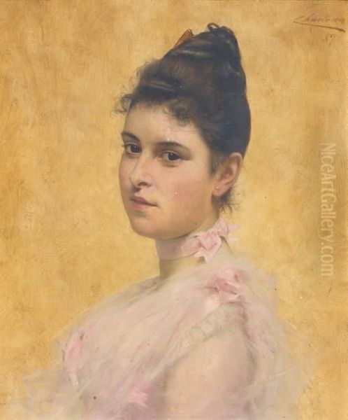 Elegante Au Noeud Rose Oil Painting by Theobald Chartran