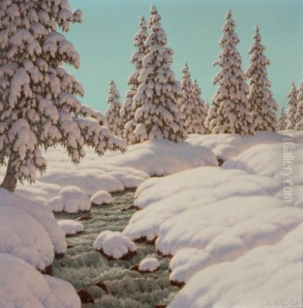 Torrent Entre Les Sapins Enneiges Oil Painting by Ivan Fedorovich Choultse