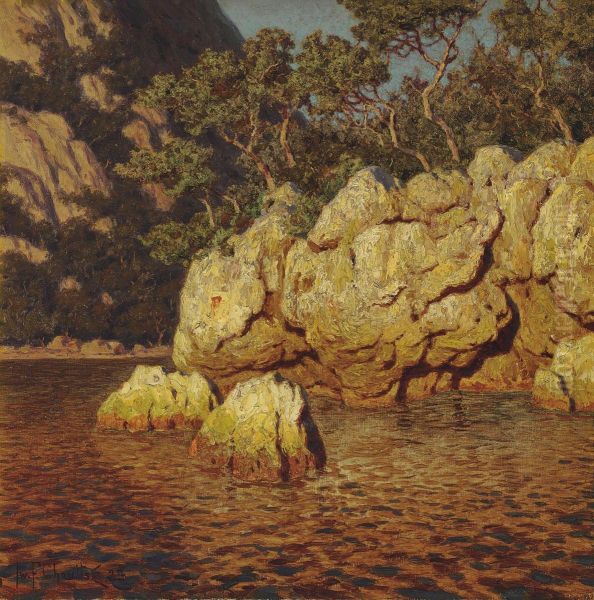 Cliffs By The Shore At Sunset Oil Painting by Ivan Fedorovich Choultse