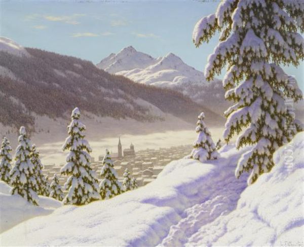 Winter Landscape Near Davos Oil Painting by Ivan Fedorovich Choultse