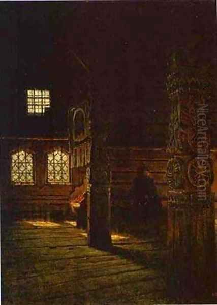 Interior Of The Wooden Church Of St Peter And St Paul In Puchug Study 1894 Oil Painting by Vasili Vasilyevich Vereshchagin