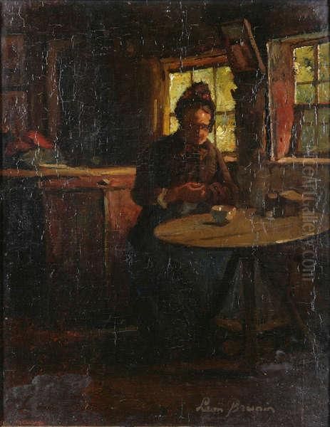 Dame In Interieur Oil Painting by Leon Meuter De Brunin