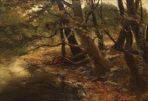 'le Ruisseau' Paneel (mahonie) Oil Painting by Leon Meuter De Brunin