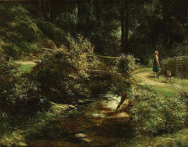 Herderin Bij Een Bruggetje Te Malmedy Oil Painting by Leon Meuter De Brunin