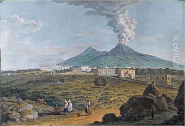 Naples, Vue Du Palais Royal De Portici, Avec Le Vesuve En Eruption Oil Painting by Saverio Xavier Della Gatta