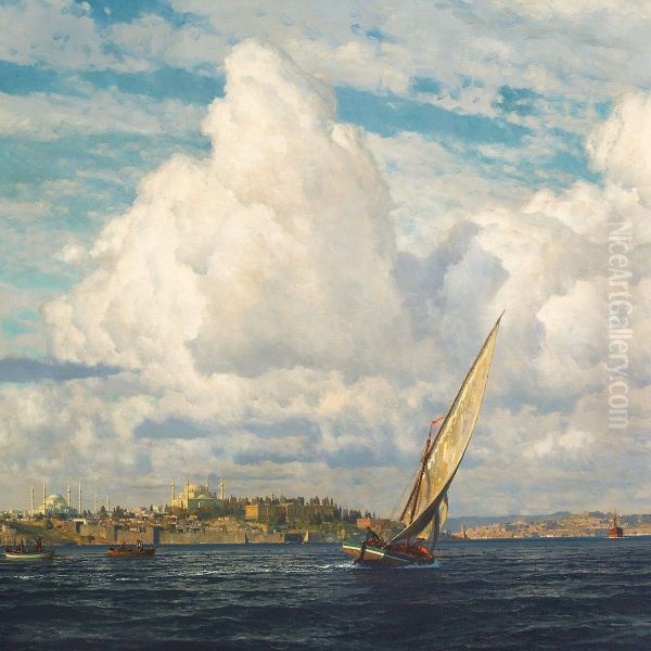 View Of The Bosporus Strait And Istanbul With Hagia Sophia Andthe Blue Mosque Oil Painting by Michael Zeno Diemer