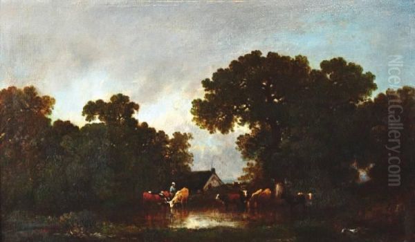 Landschap Met Koeien Bij Een Drenkplaats Oil Painting by Leon Victor Dupre