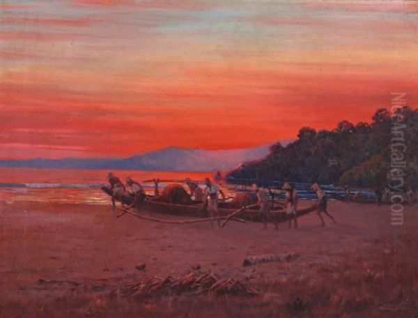 Mannen Met Vissersboot Aan Het Strand Bij Zonsondergang Oil Painting by Leonardus Eland