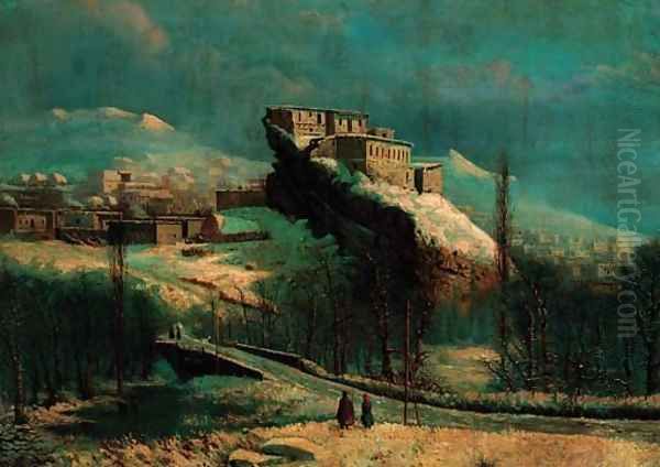 Fortified Village in the Caucasian Mountains in Winter Oil Painting by Vasili Vasilyevich Vereshchagin