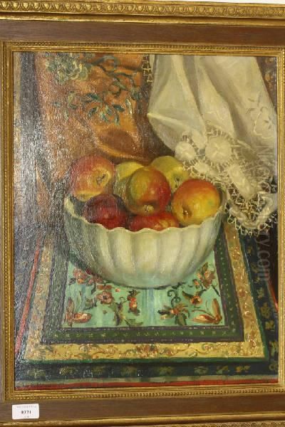 Stilleven Met Appels In Witte Kom Oil Painting by Leonardus Eland