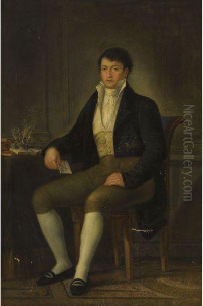 Portrait Of Don Diego De Colon, Seated In A Study Interior Oil Painting by Augustin Esteve