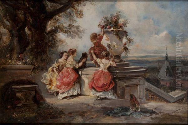 Enfants Et Vasques De Fleurs Dans Un Parc Oil Painting by Eugene Isabey