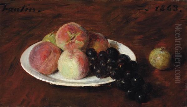 Peches Et Raisins Sur Une Assiette Blanche Oil Painting by Ignace Henri Jean Fantin-Latour