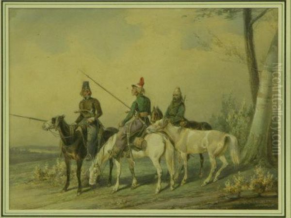 French Or Turkish Cavalry In A Landscape Oil Painting by Noel-Dieudonne Finart