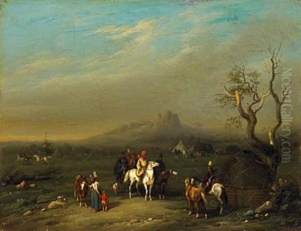 Arabian Horsemen By The Coast Oil Painting by Noel-Dieudonne Finart