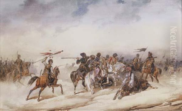 Turkish Cavalry In Battle Skirmish by Noel-Dieudonne Finart