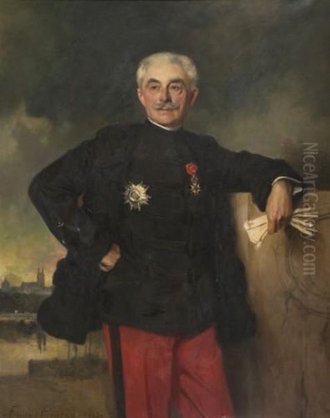 Portrait Du General Bizot Devant Une Ville Oil Painting by Francois Flameng