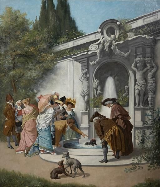 Figures Gathered Around A Gardenfountain Oil Painting by Albert Francois Fleury