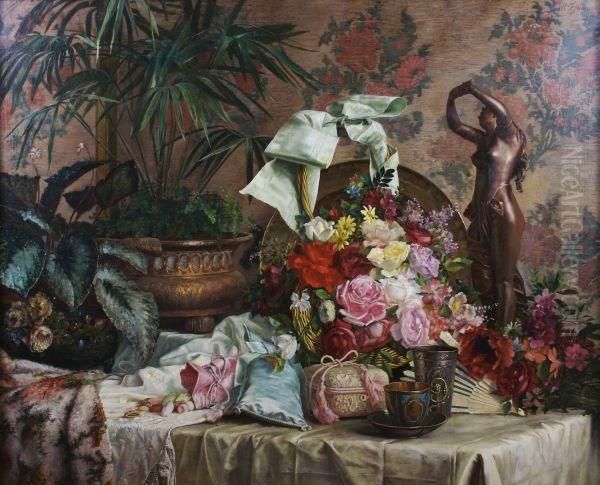 Still Life With Flowers And Bronze Sculpture Oil Painting by Albert Francois Fleury