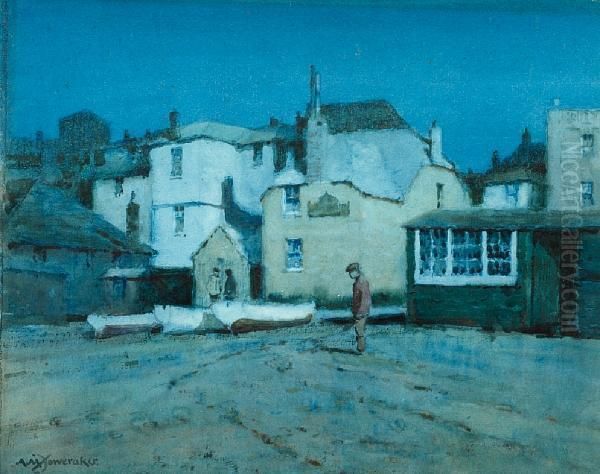 Figure In A Moonlit Cornish Boatyard Oil Painting by Albert Moulton Foweraker