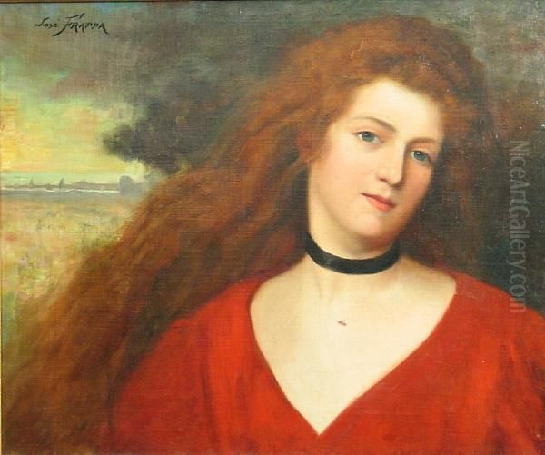 A Portrait Of A Woman In Red Oil Painting by Jose Frappa