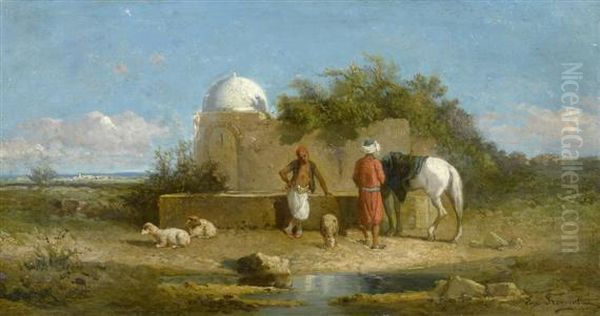 Pair Of Works: Oriental Riders And Herdsmen At An Oasis Oil Painting by Eugene Fromentin