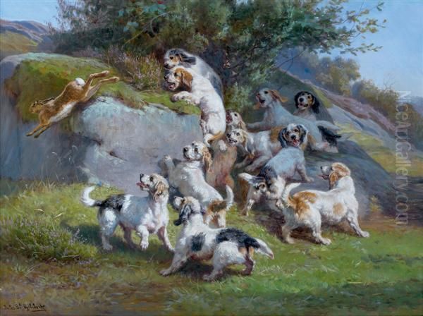 Bassets Griffons Vendeens Chassant Le Lievre Oil Painting by Jules Bertrand Gelibert