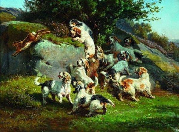 Meute Dechiens De Chasse A La Poursuite D'un Lievre Oil Painting by Jules Bertrand Gelibert