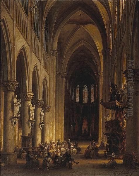 Figures Attending Mass Oil Painting by Jules Victor Genisson