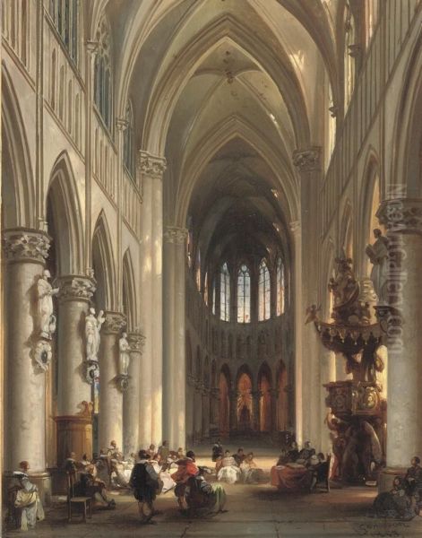 A Gathering In A Sunlit Church Oil Painting by Jules Victor Genisson