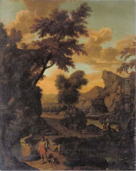 A Wooded River Landscape With A Hunter In Classical Dress Crossing A Bridge, Mountains Beyond Oil Painting by Abraham Genoels