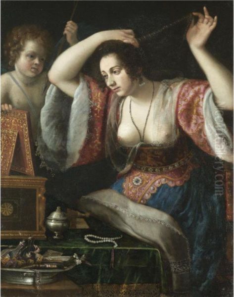 A Lady Before A Mirror, Possibly Venus At Her Toilet Oil Painting by Artemisia Gentileschi