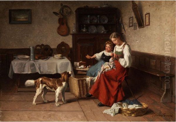 Zwei Junge Madchen Mit Einem Hundchen In Landlichem Interieur Oil Painting by Theodore Gerard