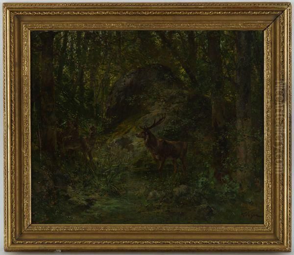 Cerfs Dans La Foret Oil Painting by Francois Adolphe Grison