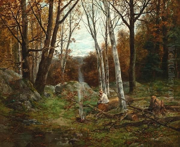 An Autumn Landscape With A Figure Burning Faggots Oil Painting by Francois Adolphe Grison