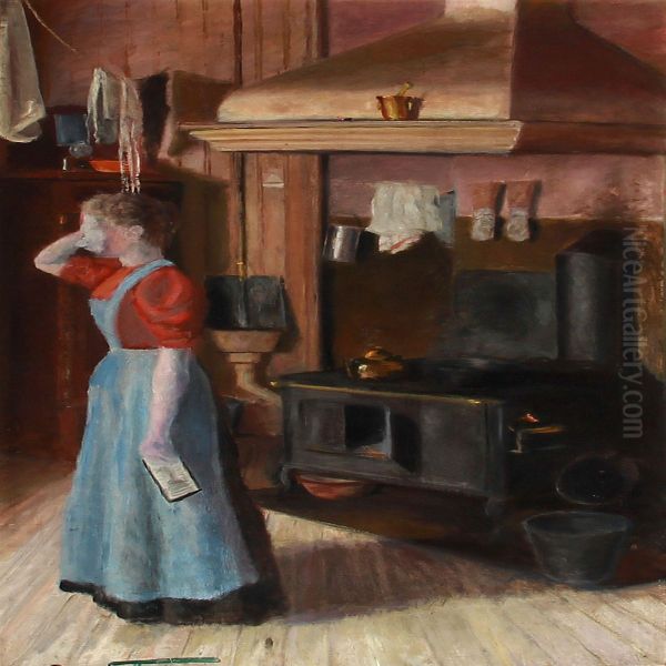 Kitchen Interior With A Woman Oil Painting by Oscar Gronmyra