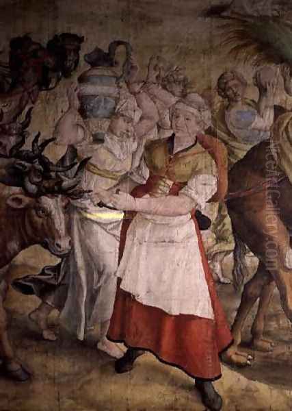 Campaign of Emperor Charles V 1500-58 against the Turks detail of Departure of the Army showing a woman pulling oxen and another shouldering a water carrier, 1535 Oil Painting by Jan Cornelisz Vermeyen