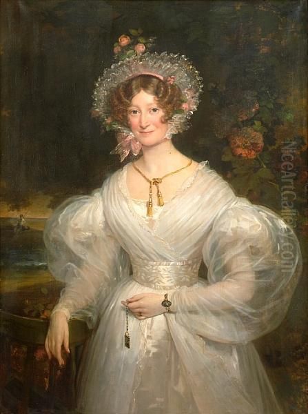 A Portrait Of A Lady, Standing Three-quarter Length In A Wooded Landscape Oil Painting by Antoinette Cecile Hortense Lescot Haudebourt