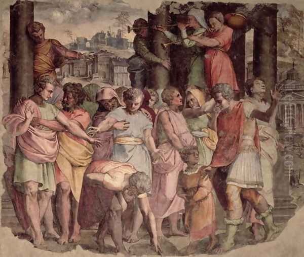 Tarquinius the Proud founding the Temple of Jupiter on Capitol Hill, c.1525 Oil Painting by Perino del Vaga (Pietro Bonaccors)