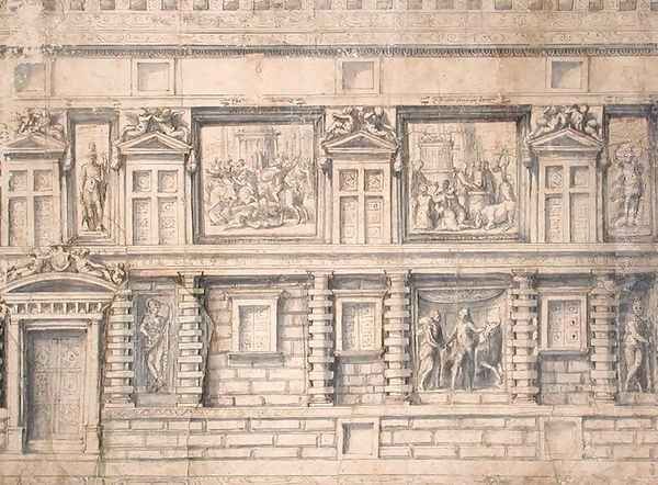 Facade with statues and reliefs, project for the Palazzo Doria in Genoa Oil Painting by Perino del Vaga (Pietro Bonaccors)