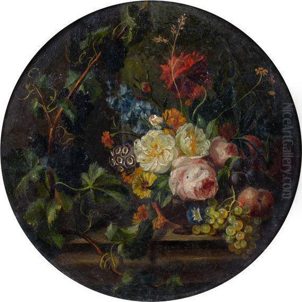 < Fleurs Et Fruits Sur Un Entablement >. Oil Painting by Moise Jacobber