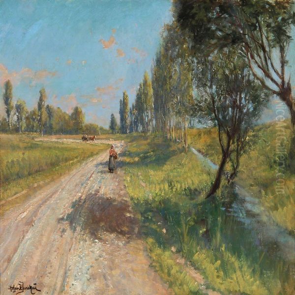 Summer Day In Italy With A Women On A Road Oil Painting by Holger Hvitfeldt Jerichau