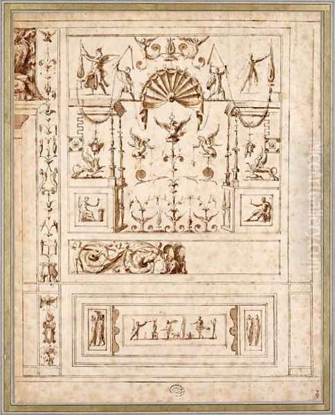 Design for a mural decoration with grotesques for the Cagliostra of the Castel Sant Angelo in Rome, c.1544 Oil Painting by Perino del Vaga (Pietro Bonaccors)