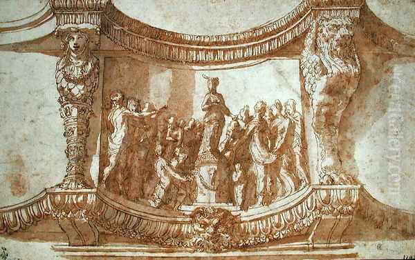 Hemicylindrical pedestal with a group worshipping a statue of Diana, c.1522 Oil Painting by Perino del Vaga (Pietro Bonaccors)