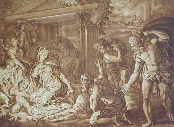 The Adoration of the Shepherds, engraved by Elishah Kirkhall (1682-1742) 1724 Oil Painting by Perino del Vaga (Pietro Bonaccors)