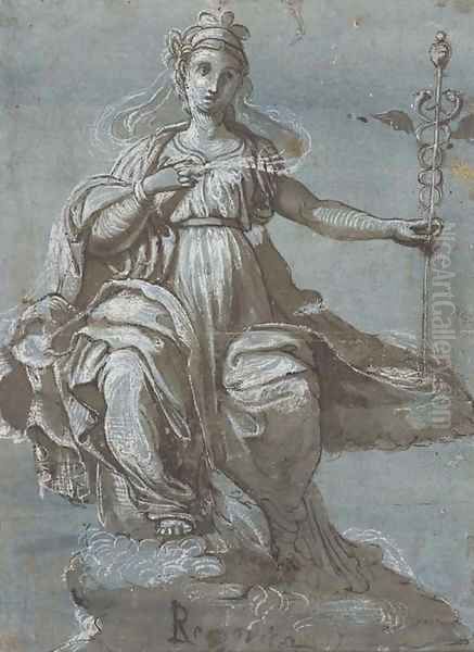 An allegory of Rhetoric holding a caduceus Oil Painting by Perino del Vaga (Pietro Bonaccors)