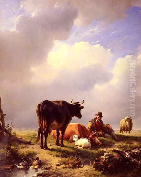 A Farmer At Rest With His Stock Oil Painting by Eugene Verboeckhoven